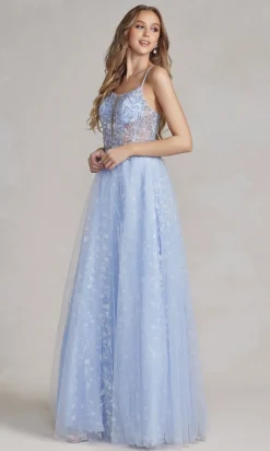 Periwinkle Sheer-Bodice Long A-Line Prom Dress
