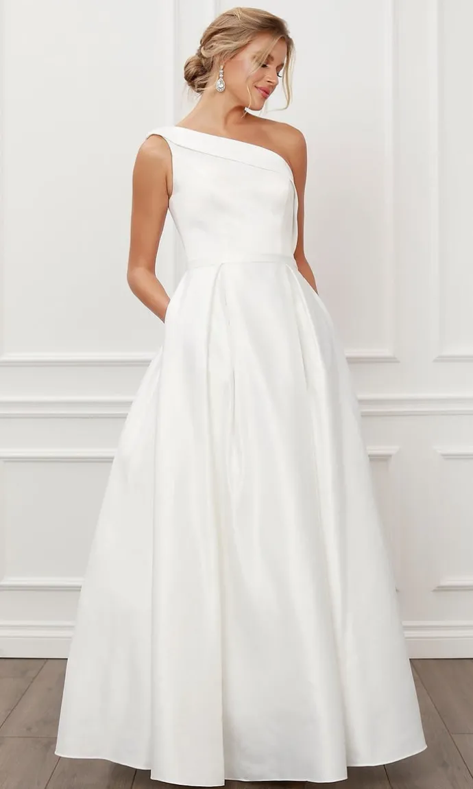 Prom One-Shoulder Long White Ball Gown with Pockets
