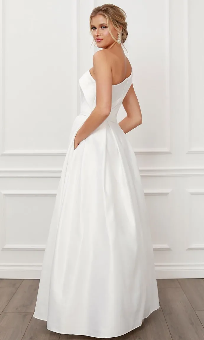 Prom One-Shoulder Long White Ball Gown with Pockets