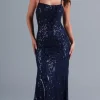 Sequin-Print Long Formal Dress with Statement Back