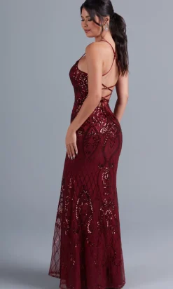Sequin-Print Long Formal Dress with Statement Back