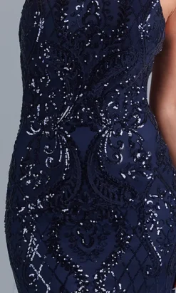Sequin-Print Long Formal Dress with Statement Back