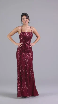 Sequin-Print Long Formal Dress with Statement Back