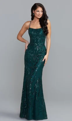 Sequin-Print Long Formal Dress with Statement Back