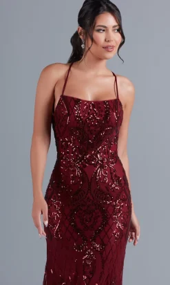 Sequin-Print Long Formal Dress with Statement Back