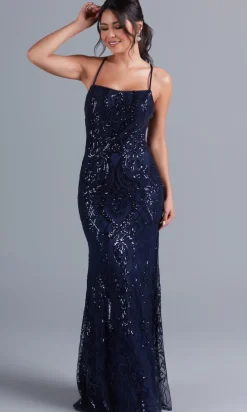 Sequin-Print Long Formal Dress with Statement Back