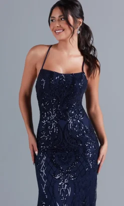Sequin-Print Long Formal Dress with Statement Back