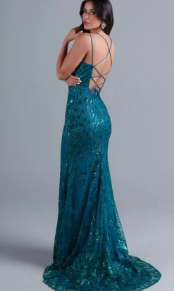 Sequin-Tulle Strappy-Back Long Formal Dress