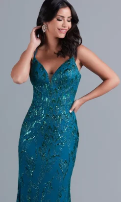 Sequin-Tulle Strappy-Back Long Formal Dress