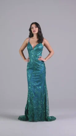 Sequin-Tulle Strappy-Back Long Formal Dress