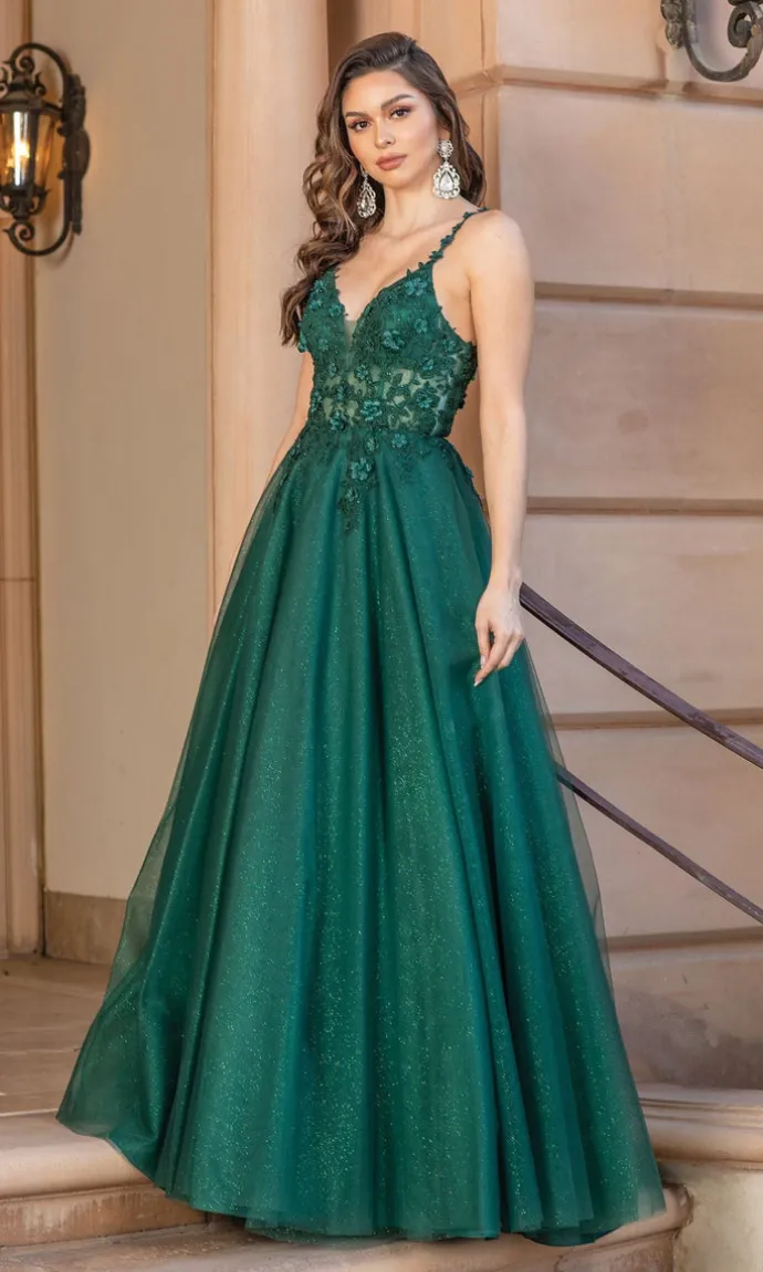 Sheer Corset-Bodice Long Glitter Ball Gown 4328