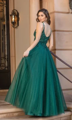 Sheer Corset-Bodice Long Glitter Ball Gown 4328