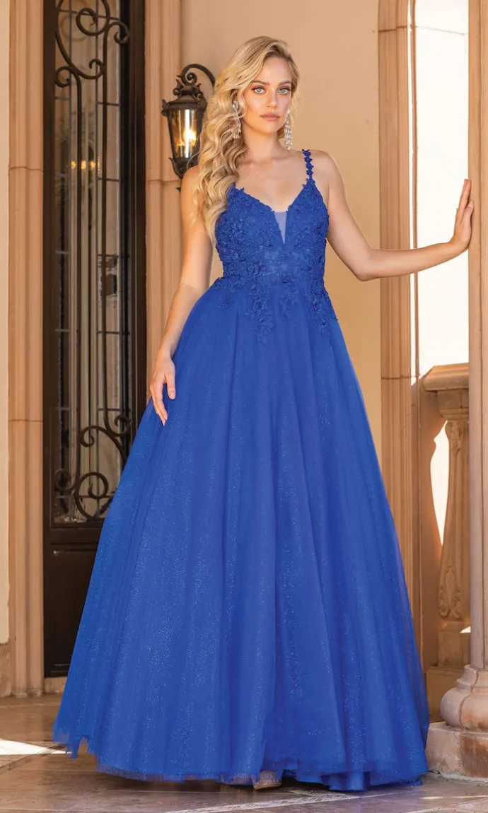 Sheer Corset-Bodice Long Glitter Ball Gown 4328