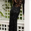 Sheer-Back Beaded Formal Dress with Sleeves 9713