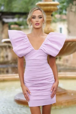 Statement-Shoulder Ruched Tess Mini Dress