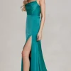 Strappy-Back Cowl-Neck Long Prom Dress E1068
