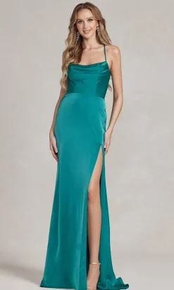 Strappy-Back Cowl-Neck Long Prom Dress E1068