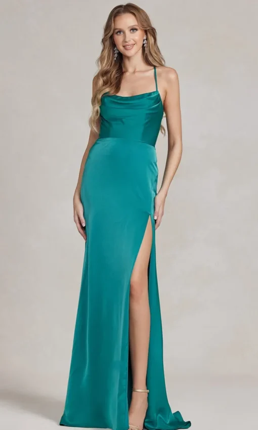 Strappy-Back Cowl-Neck Long Prom Dress E1068
