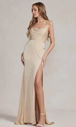 Strappy-Back Cowl-Neck Long Prom Dress E1068