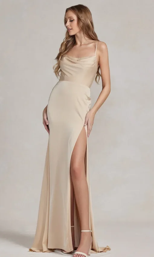 Strappy-Back Cowl-Neck Long Prom Dress E1068