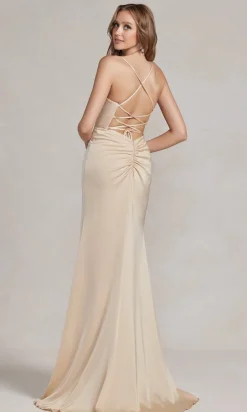 Strappy-Back Cowl-Neck Long Prom Dress E1068
