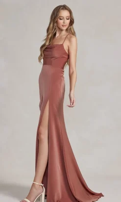 Strappy-Back Cowl-Neck Long Prom Dress E1068