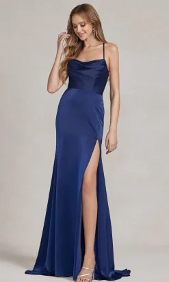 Strappy-Back Cowl-Neck Long Prom Dress E1068