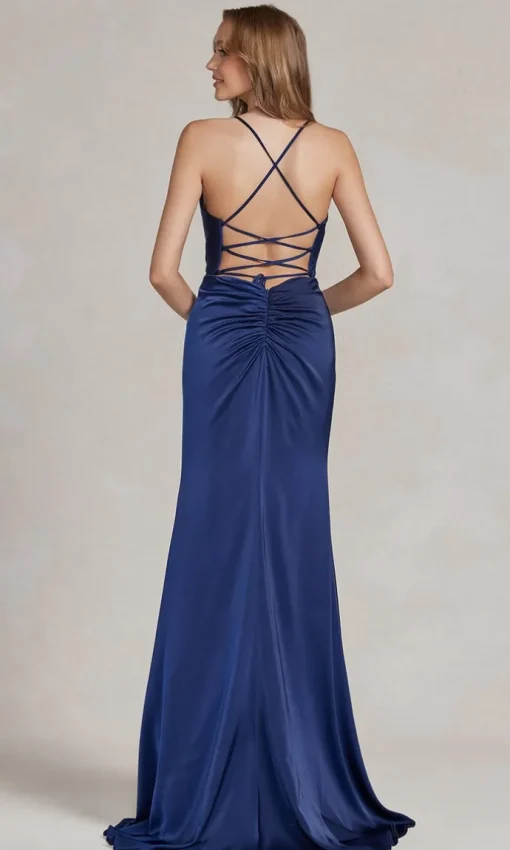 Strappy-Back Cowl-Neck Long Prom Dress E1068