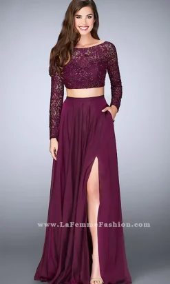 Two Piece Long Chiffon Prom Dress with Long Sleeves